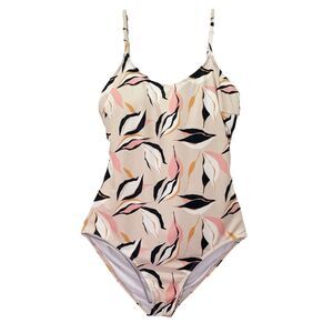 Janela Bay One Piece Swimsuit Size Large Beige Pink Black Leaf Print Tie Back